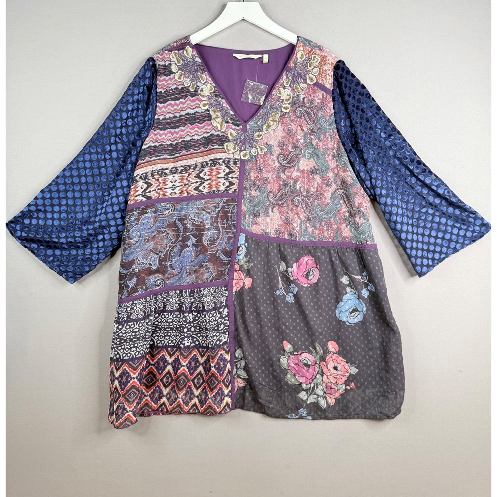 Soft Surroundings All Together Tunic Women 2X Purple Patchwork Beaded Boho 5EX56